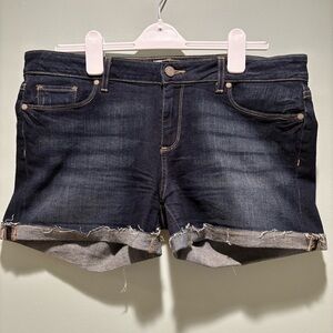 Paige Jimmy Jimmy Shorts Sz 31 Dark Wash Cutoff Denim Raw Hem Cuffed Shorty